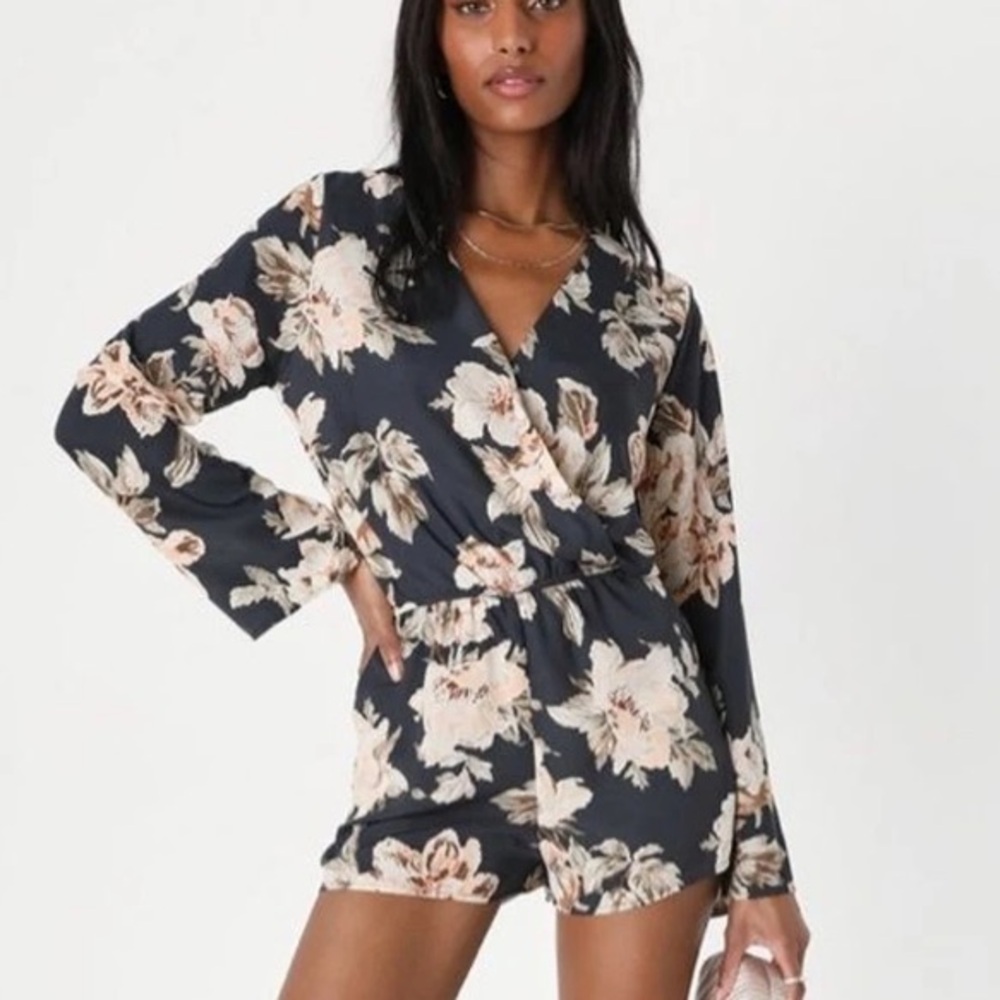 AKIRA Floral Navy Romper with Pink and White Floral Design